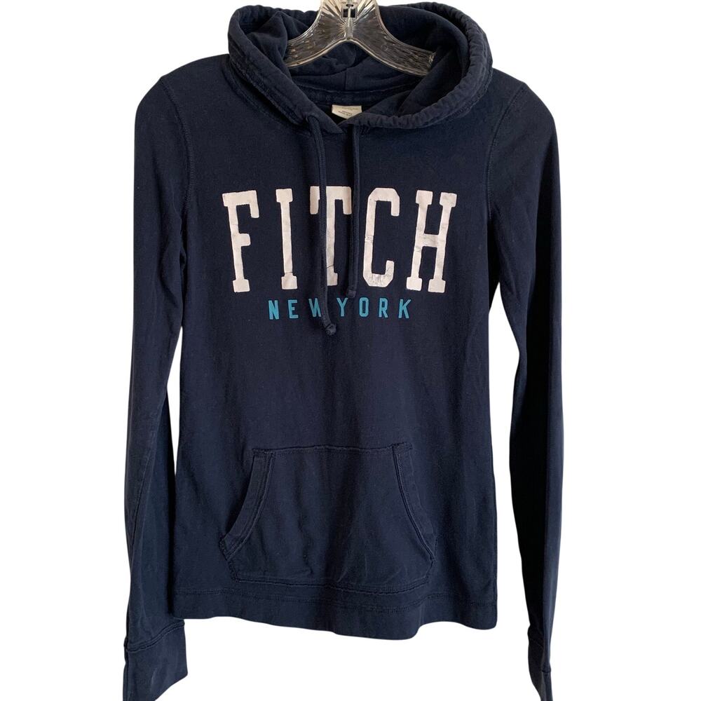 Abercrombie & Fitch Womens Medium Spellout Navy Blue Hoodie Sweatshirt Preppy